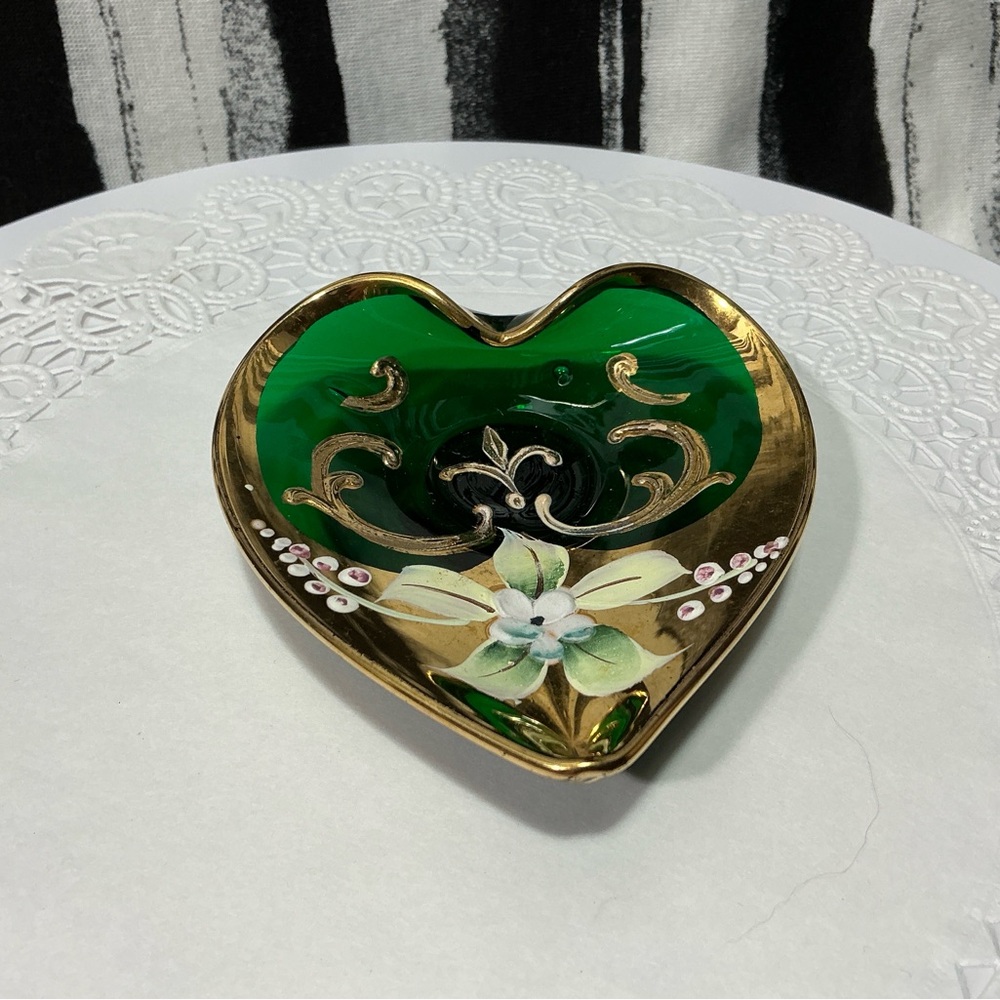 Green Murano Trinket Dish Czech Bohemian Enamel Handpainted Flowers